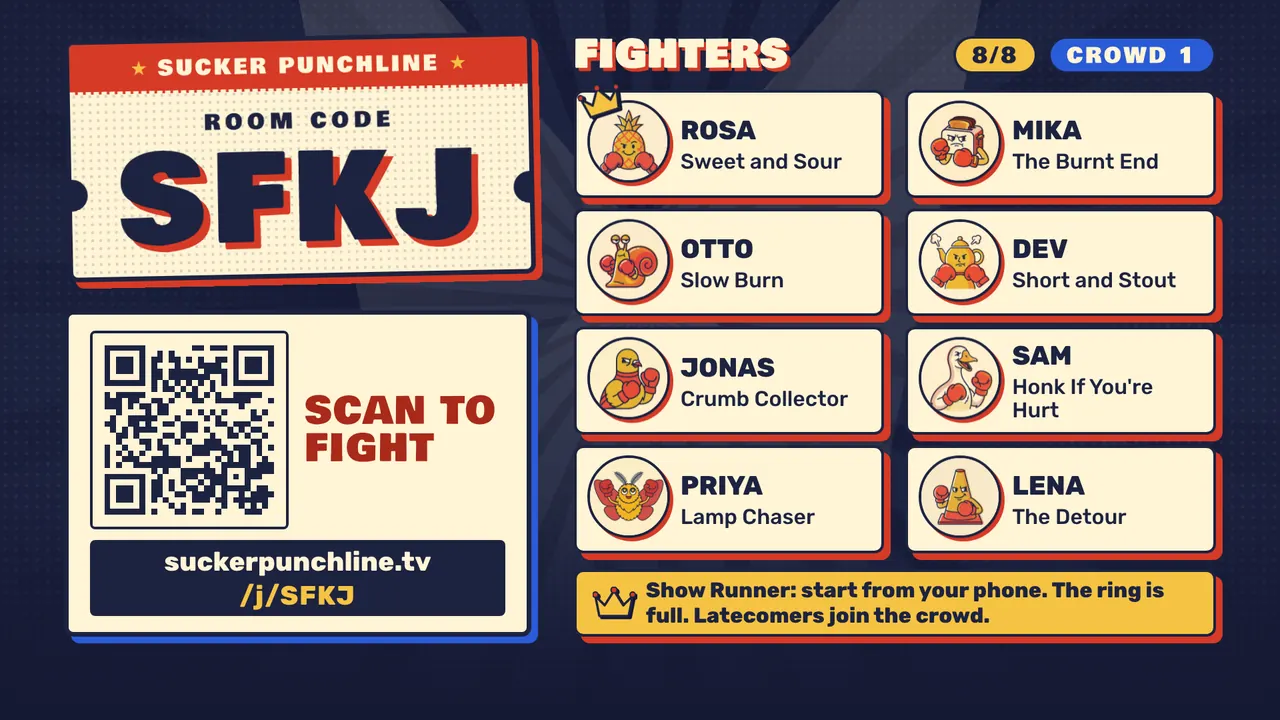 The lobby on the TV: a big room code, a QR code with the short link suckerpunchline.tv/j/SFKJ, and eight fighters who joined from their phones.