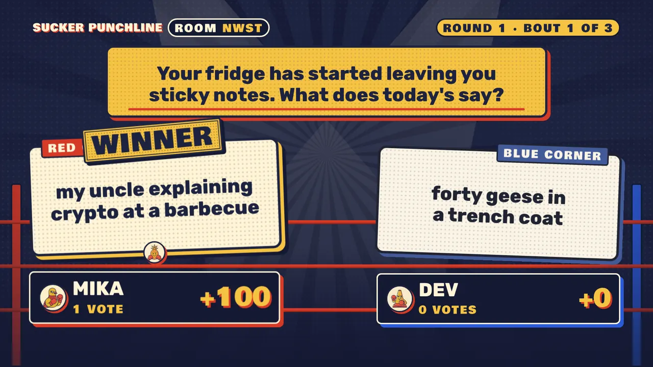 A bout result on the TV: the red corner answer 'my uncle explaining crypto at a barbecue' gets a WINNER stamp and 100 points.