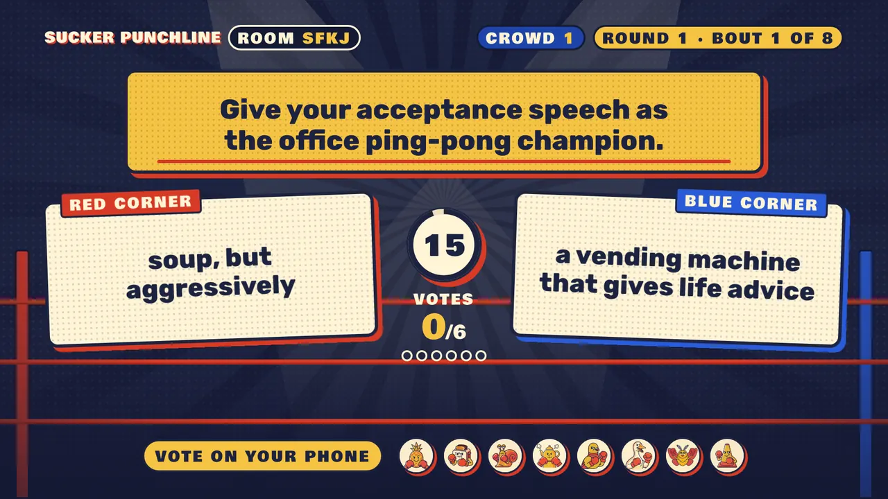 A bout on the TV: a prompt at the top, the red corner answer on the left, the blue corner answer on the right, a vote timer and the voters' portraits.